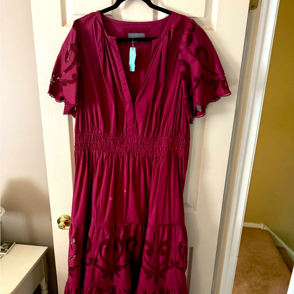 Anthropologie Red Smocked Flutter Sleeve Midi Dress